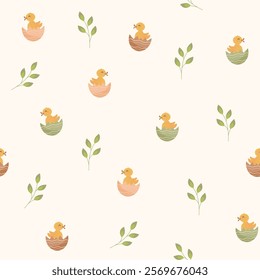 Cute ducks with Easter eggs, plants and rainbow on pastel background, seamless pattern