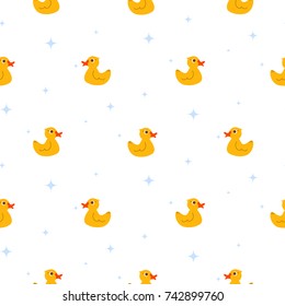 Cute ducks float on pond white seamless vector pattern. Cute kid cartoon repeat background for fabric textile, muslin blanket and wallpaper design.