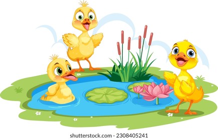 Cute Ducks in the Pond illustration