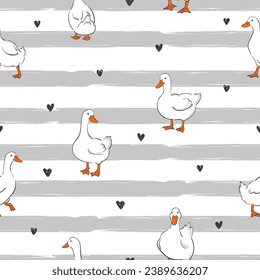 Cute ducks seamless pattern. Vector duck bird illustration on striped background