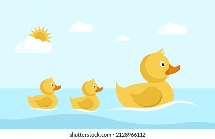 Cute ducks swimming in the pond. Flat cartoon character. Vector illustration of three ducklings