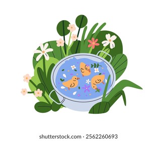 Cute ducks in water basin in garden nature. Ducklings swimming in washbasin among flowers. Country birds in washbowl. Cottagecore summer mood. Flat vector illustration isolated on white background