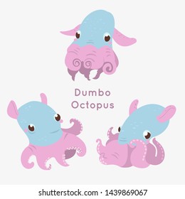 Cute Dumbo Octopuses Character.  Grimpoteuthis Happy And Cute Dancing Ocean Animal.