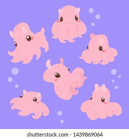 Cute Dumbo Octopuses In Ocean Character.  Grimpoteuthis In To Depths