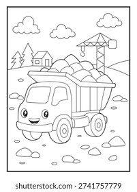 Cute Dump Truck Coloring Page for Kids. Happy Construction Vehicle Scene for Children.