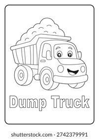 Cute Dump Truck Coloring Page for Kids. Black and White Printable Transportation Activity Sheet for Toddlers.