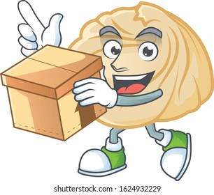 Cute dumpling cartoon character having a box