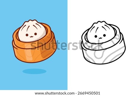 Cute Dumpling Character Sitting in Cinnamon Roll – Colored and Line Art Versions