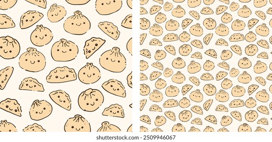 Lindo Dumpling Dim Sum Gyoza Comida japonesa china Diversión de cocina Patrón sin fisuras Ilustración vectorial