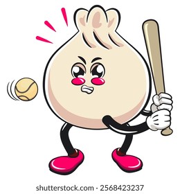 Cute dumpling vektor illustration mascot character playing baseball ready to hit the ball with the bat, Xiao Long Bao, Asian, Chinese food, work of hand drawn