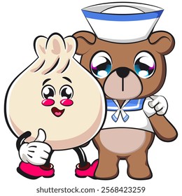 Cute dumpling vektor illustration mascot character with sailor bear dolls, Xiao Long Bao, Asian, Chinese food, work of hand drawn