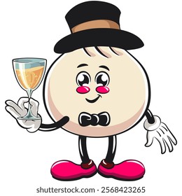 Cute dumpling vektor illustration mascot character wearing a hat and bow tie raising a wine glass, Xiao Long Bao, Asian, Chinese food, work of hand drawn