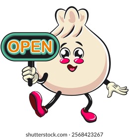 Cute dumpling vektor illustration mascot character showing a sign that says open, Xiao Long Bao, Asian, Chinese food, work of hand drawn