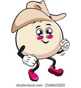 Cute dumpling vektor illustration mascot character wearing a cowboy hat walking calmly, Xiao Long Bao, Asian, Chinese food, work of hand drawn