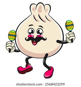 Cute dumpling vektor illustration mascot character with moustache playing maracas, Xiao Long Bao, Asian, Chinese food, work of hand drawn