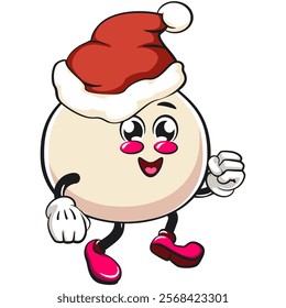 Cute dumpling vektor illustration mascot character walking while wearing a santa hat, Xiao Long Bao, Asian, Chinese food, work of hand drawn