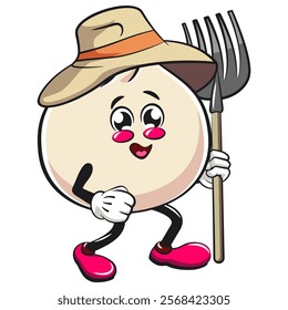 Cute dumpling vektor illustration mascot character as farmer in hat with his for, Xiao Long Bao, Asian, Chinese food, work of hand drawn