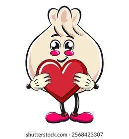 Cute dumpling vektor illustration mascot character holding a big heart, Xiao Long Bao, Asian, Chinese food, work of hand drawn