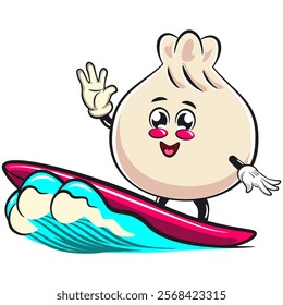 Cute dumpling vektor illustration mascot character surfing happily, Xiao Long Bao, Asian, Chinese food, work of hand drawn