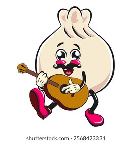 Cute dumpling vektor illustration mascot character moustache playing guitar, Xiao Long Bao, Asian, Chinese food, work of hand drawn