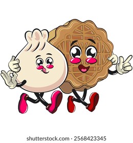 Cute dumpling vektor illustration mascot character walk with a chinese moon cake character while giving a peace and giving an ok sign, Xiao Long Bao, Asian, Chinese food, work of hand drawn