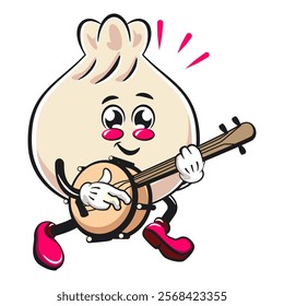 Cute dumpling vektor illustration mascot character playing the banjo musical instrument, Xiao Long Bao, Asian, Chinese food, work of hand drawn