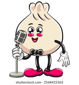 Cute dumpling vektor illustration mascot character on front of the mic become a stand up comedian, Xiao Long Bao, Asian, Chinese food, work of hand drawn