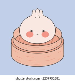 Cute dumplings in bamboo steamer. Kawaii dim sum. Asian Traditional Cuisine. Stock vector illustration in cartoon flat style.
