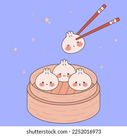 Cute dumplings in bamboo steamer. Kawaii dim sum. Asian Traditional Cuisine. Stock vector illustration in cartoon flat style.