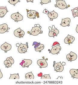 Cute dumplings characters with different facial expressions. Seamless pattern. Chinese food. Hand drawn style. Vector drawing. Design ornaments.