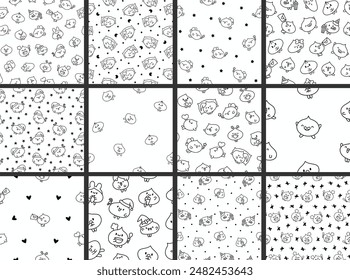 Cute dumplings characters with different facial expressions. Seamless pattern. Coloring Page. Chinese food. Hand drawn style. Vector drawing. Collection of design ornaments.