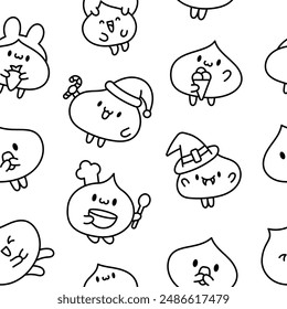 Cute dumplings characters with different facial expressions. Seamless pattern. Coloring Page. Chinese food. Hand drawn style. Vector drawing. Design ornaments.
