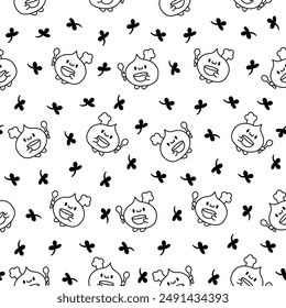 Cute dumplings characters with different facial expressions. Seamless pattern. Coloring Page. Chinese food. Hand drawn style. Vector drawing. Design ornaments.
