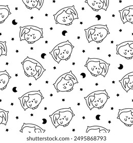 Cute dumplings characters with different facial expressions. Seamless pattern. Coloring Page. Chinese food. Hand drawn style. Vector drawing. Design ornaments.