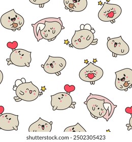 Cute dumplings characters with different facial expressions. Seamless pattern. Chinese food. Hand drawn style. Vector drawing. Design ornaments.