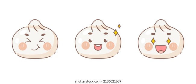 Cute dumplings emoji set. Modern design dim sum emoticons face icons collection. Set of vector steamed buns .Happy and joyful food faces.	