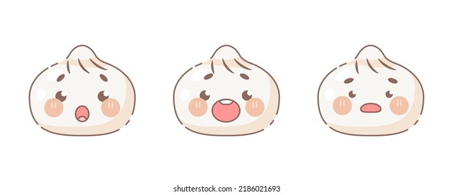 Cute dumplings face emoji set. Modern design emoticons gyoza icons collection. Set of vector steamed buns with face expressions.	