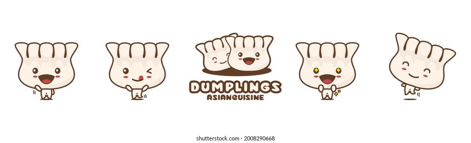 cute dumplings mascot character, asian cuisine cartoon illustration, with different facial expressions and poses, isolated on a white background