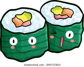 Cute duo rolled sushi characters in cartoon style