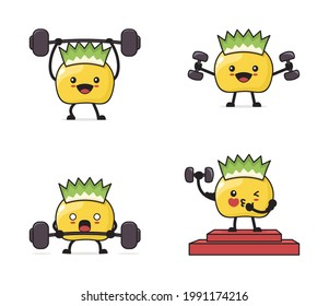 cute durian cartoon. with exercise equipment, dumbbells, barbells