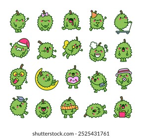 Cute durian character. Cartoon barbed fruit. Hand drawn style. Vector drawing. Collection of design elements.