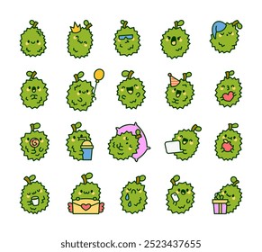 Cute durian character. Charming barbed fruit. Hand drawn style. Vector drawing. Collection of design elements.