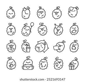 Cute durian character. Coloring Page. Charming barbed fruit. Hand drawn style. Vector drawing. Collection of design elements.