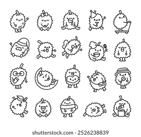 Cute durian character. Coloring Page. Cartoon barbed fruit. Hand drawn style. Vector drawing. Collection of design elements.