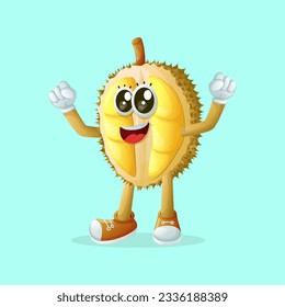 Cute durian character making a victory sign with his hand. Perfect for kids, merchandise and sticker, banner promotion or blog
