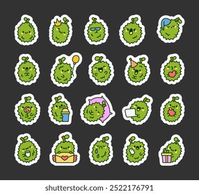 Cute durian character. Sticker Bookmark. Charming barbed fruit. Hand drawn style. Vector drawing. Collection of design elements.