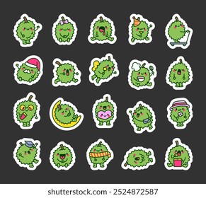 Cute durian character. Sticker Bookmark. Cartoon barbed fruit. Hand drawn style. Vector drawing. Collection of design elements.