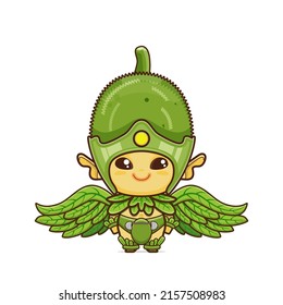 cute durian character. vegetable and fruit mascot with leaf wings. illustration in kawaii style. suitable for animation, children's content and all ages. for making cute patterns, bg, gift wrap