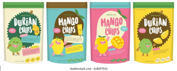 Cute Durian and Mango Fruits Packaging Design Vector. Mascot Vector Design