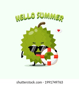 Cute durian mascot carrying a float with summer greetings